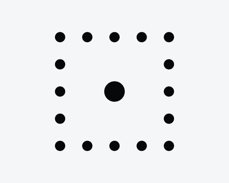 Dotted square vector icon in black solid style with border dots and large center dot representing grid layout alignment and design tool