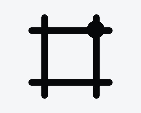 Grid guides vector icon in black solid style with crossing lines and top right anchor dot representing snap alignment and design tool