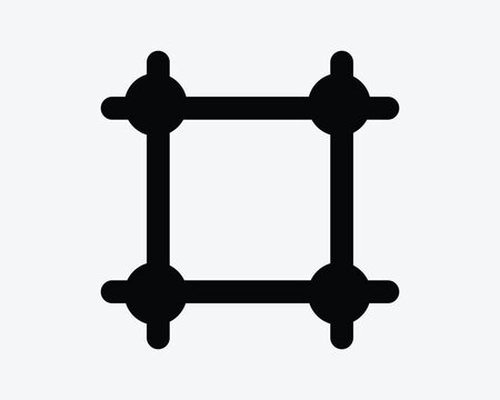 Grid guides vector icon in black solid style with crossing lines and four corner anchor dots representing snap alignment and design tool