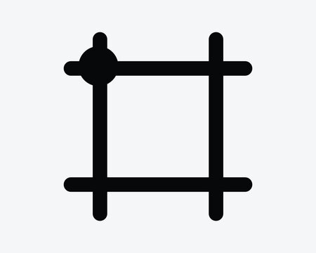 Grid guides vector icon in black solid style with crossing lines and top left anchor dot representing snap alignment and design tool