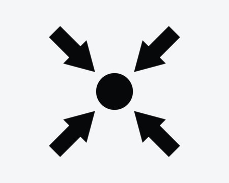 Four arrows pointing to center dot vector icon in black solid style representing focus converge assembly point and target