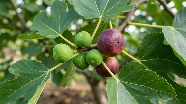 Fresh purple and green figs growing on a tree branch