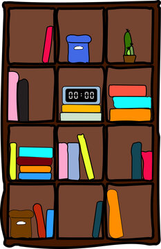 A brown bookshelf with a light blue digital clock showing 00:00, set against a white background. A modern digital clock displaying the time with bright LED digits, featuring a clean and minimalist des