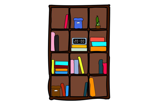 A brown bookshelf with a light blue digital clock showing 20:00, set against a white background.