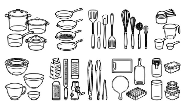 Collection of vintage style kitchen tools and cookware in black and white sketch