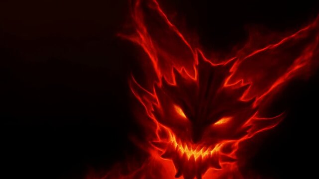 Fiery demon face glows with sharp eyes and teeth against a dark background