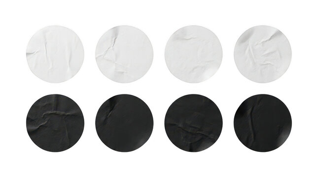 Crumpled sticker mockup set, black and white round paper labels collection, textured circle decals isolated on Transparent Background