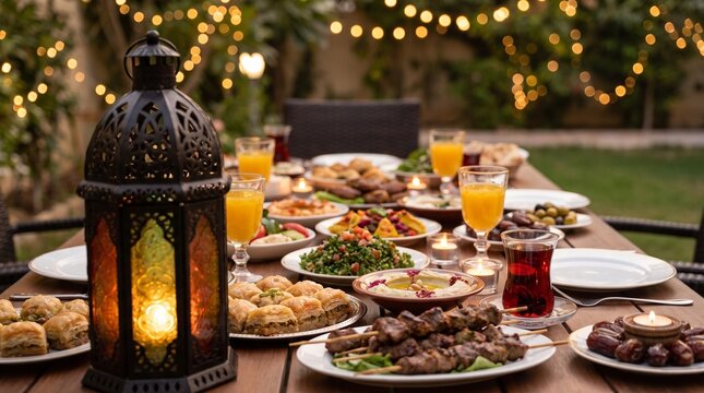 Festive iftar dinner setting with traditional lantern and abundant food on a wooden table