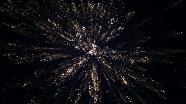 Seamless loop animation of luxurious golden glitter particles bursting and sparkling across a dark background, creating an elegant abstract motion backdrop for celebrations and festive designs.