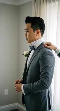 結婚式を控えた新郎と肩に手を置く介添人。窓辺に佇むスーツ姿のアジア人男性。厳かな婚礼の準備風景