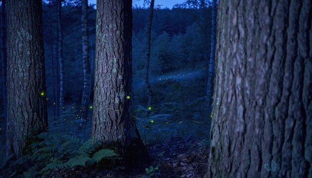 Enchanted forest at dusk, illuminated by numerous tiny, glowing fireflies
