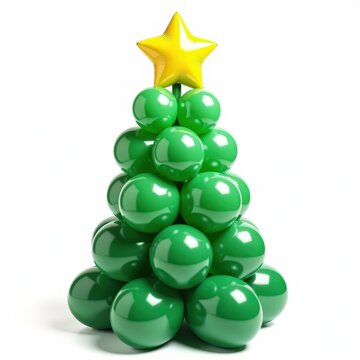 Creative green balloon christmas tree with colorful balloon ornaments and star on white background for holiday decoration