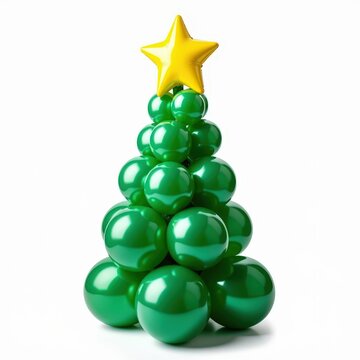 Creative balloon christmas tree with green balloon ornaments and yellow balloon star on white background