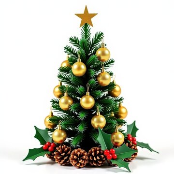 Miniature christmas tree centerpiece with gold glitter ornaments, pine cones, and faux holly berries on white background