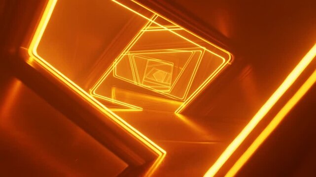 Glowing orange neon rectangles form a deep geometric tunnel in abstract space