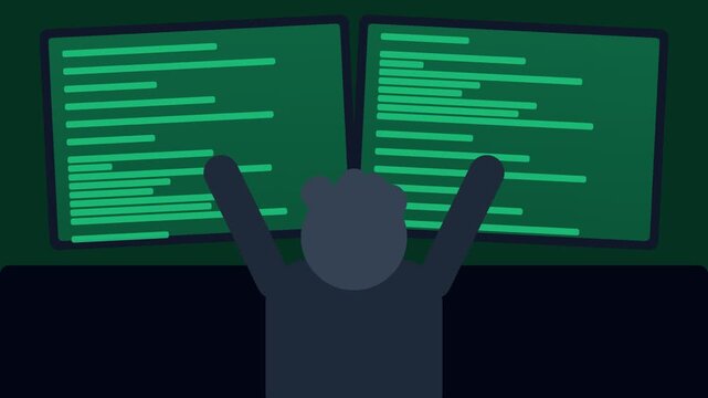 The First Successful Coding Deployment: Late-Night Programmer Cheering at Monitors