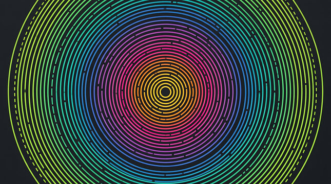 Concentric colorful dashed circles forming a vibrant spectrum pattern on a dark black background surface