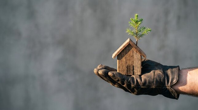 A gloved hand holds a small wooden house with a sprouting green plant symbolizing eco-friendly living