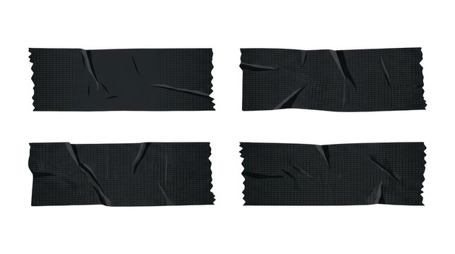 Black duct tape strips, four adhesive gaffer tape pieces set for industrial repair, packaging and crafting isolated on Transparent Background