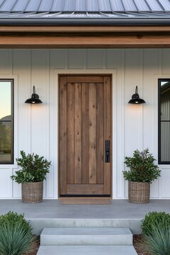 Weathered cedar entry door with black iron hardware on modern barn home under porch lights