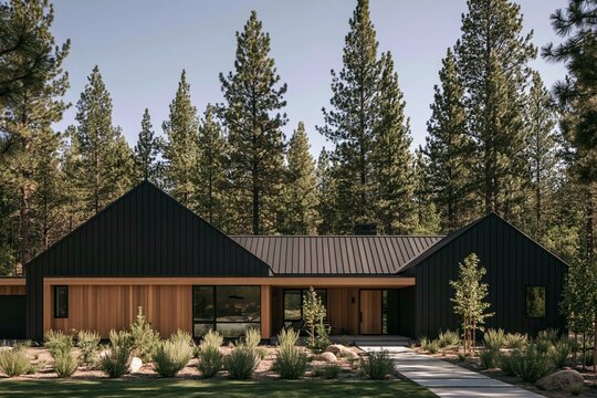 Modern dark sided forest house with cedar accents and steep gables, woodland residence