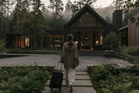 Woman Pulling Wheeled Suitcase Along Path Toward Forest Retreat House