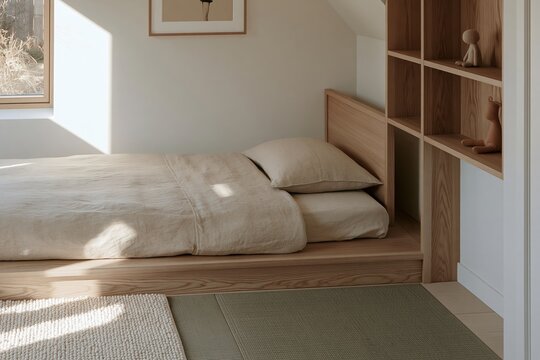 Minimalist ash wood bed with oat bedding and shelving in Japandi bedroom interior