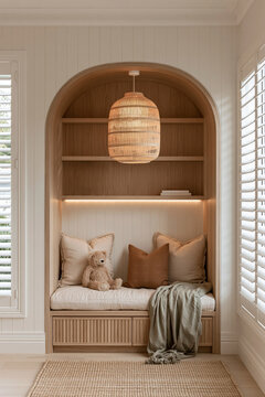Cozy built in window seat with rattan pendant, cushions, throw, and plush bear in alcove