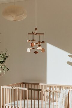 Wooden mobile above empty crib in softly lit minimalist nursery interior