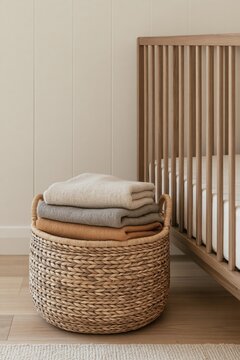 Woven basket with folded blankets beside wooden crib in neutral nursery