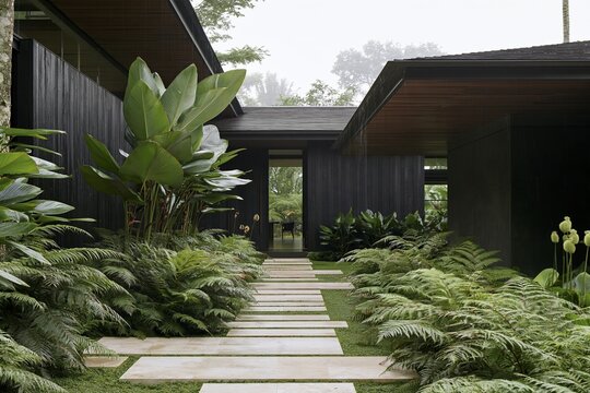 Tropical modern house with dark timber walls and lush fern garden path