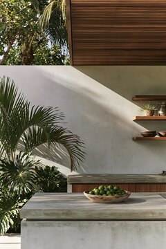 Tropical modern outdoor kitchen with concrete counter and lime bowl beneath timber roof