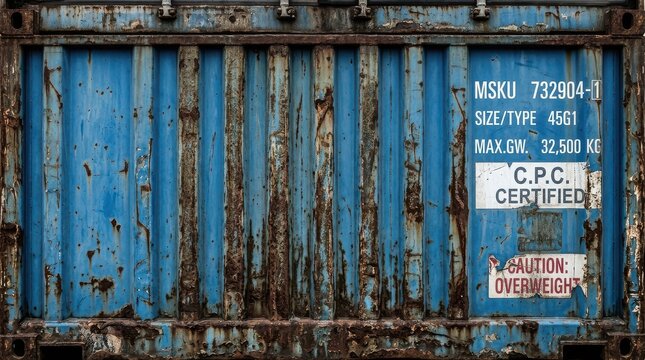 Old Rusty Blue Shipping Container Texture with Industrial Markings and Corrosion for Logistics Background