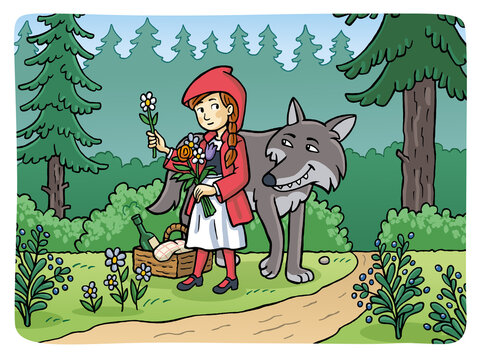 Little Red Riding Hood picks flowers in forest with a wolf. Fairy tale illustration.