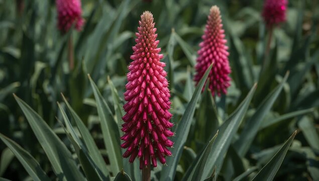 A vibrant pink Red Hot Poker (Kniphofia) flower in full bloom among sword-shaped green foliage in a garden field.