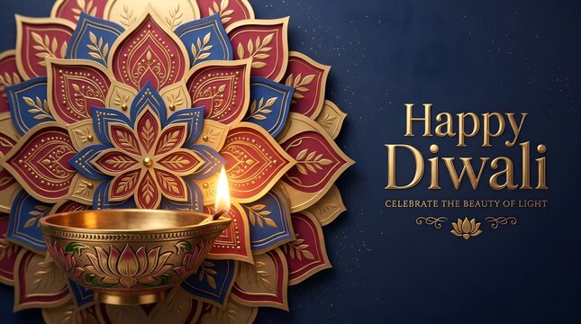 Happy diwali greeting card with glowing oil lamp and colorful mandala pattern