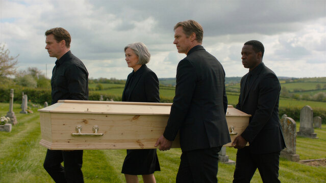 Four solemn pallbearers carrying wooden casket across a green hillside graveyard under an overcast sky during a burial ceremony.