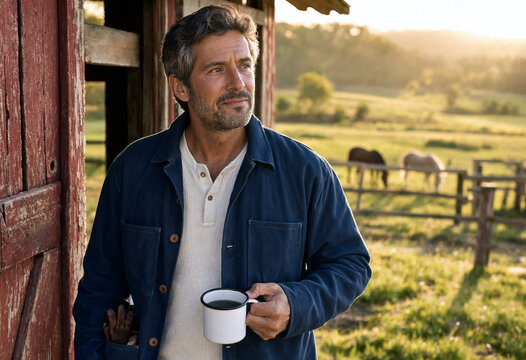Male farmer stands by a rustic barn holding a coffee mug during sundown. In the background, horses graze peacefully in sunlit green pastures, capturing a tranquil, rustic countryside morning