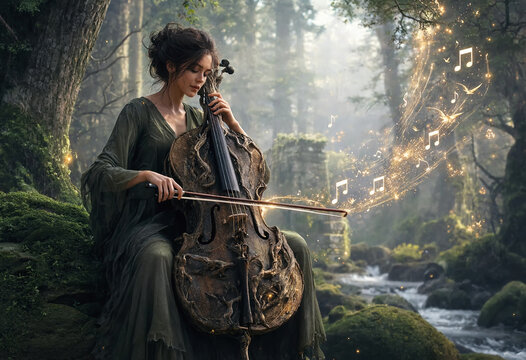 Enhanced woman plays an ornate wood-carved cello in a misty, mysterious forest by a flowing stream. Glowing musical notes and magical sparkles trail from her bow into the woodland whimsical air
