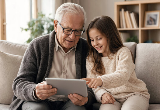 A smiling young girl points at a digital tablet while sitting on a sofa with her grandfather. Heartwarming scene of intergenerational bonding, family connection, digital literacy and senior learning