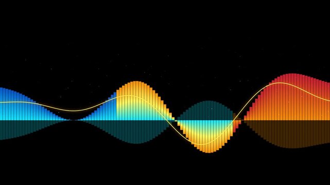 Digital audio wave visualization with vibrant color gradient moving on black background for music and technology concepts.