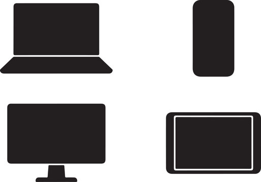 Set of four original minimalist digital device silhouettes featuring a laptop, smartphone, desktop monitor, and tablet for email access and online communication concepts.