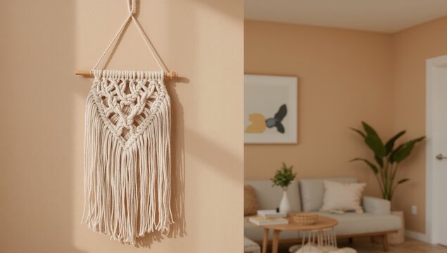 Handmade woven macrame wall hanging in cream cotton, shown as a decorative element in a modern bohemian-style living room.