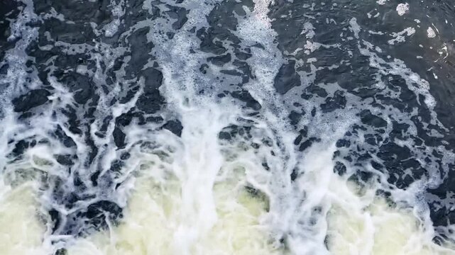 Water Flow at River Level Control Structure, Turbulent Current and White Foam, 4K 60fps