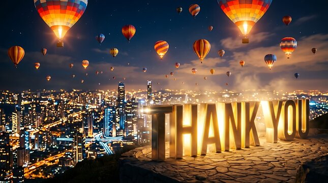 Beautiful Nighttime Cityscape With Floating Hot Air Balloons And Thank You Sign Illuminated