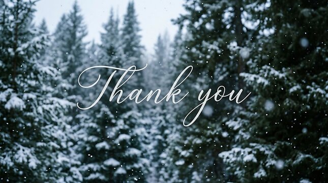 Beautiful snowy forest scene with thank you message written in elegant cursive script