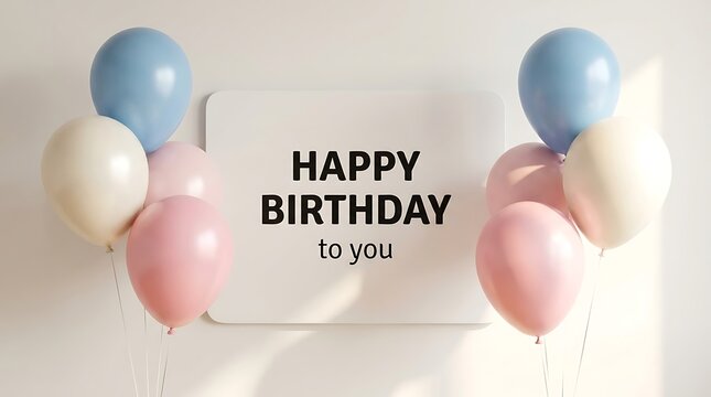Colorful balloons arranged in clusters with happy birthday message on light background
