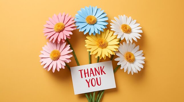 Colorful paper flowers bouquet with thank you card placed on soft yellow background