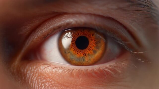 Extreme macro photorealistic cinematic footage of a beautiful human eye featuring a warm copper-brown iris
