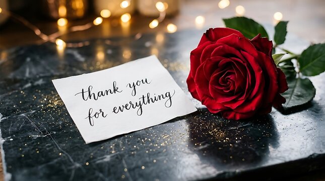 Elegant red rose with thank you note on marble surface under warm string lights for gratitude gesture